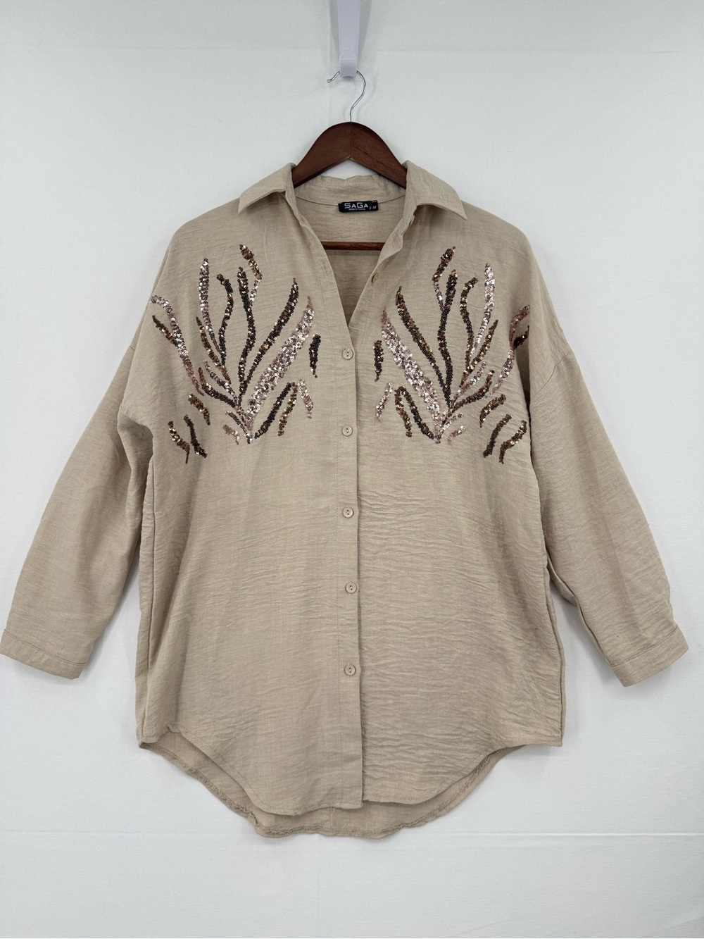 SAGA Sequin Embellished Button Front Shirt Blouse Beige Taupe Wool Blend S-M